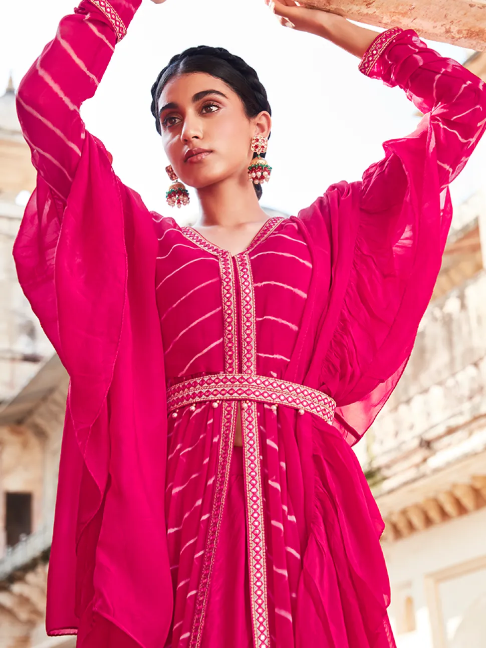 Jaipur Kurti Lehriya Flared Jacket With Skirt And Dupatta And Mirror Work Belt
