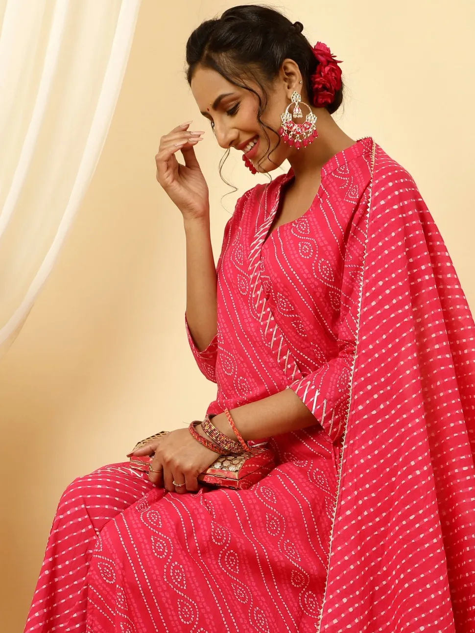 Jaipur Kurti Pink Bandhani Angrakha Kurta With Leheriya Pants And Dupatta