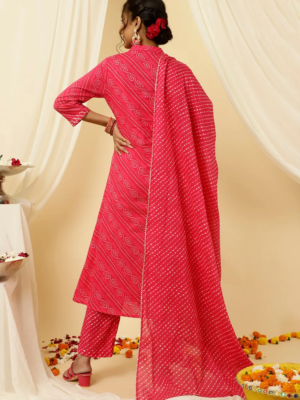 Jaipur Kurti Pink Bandhani Angrakha Kurta With Leheriya Pants And Dupatta