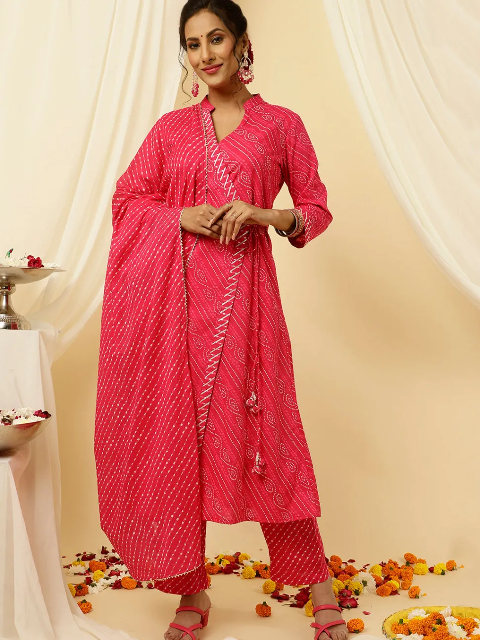Jaipur Kurti Pink Bandhani Angrakha Kurta With Leheriya Pants And Dupatta