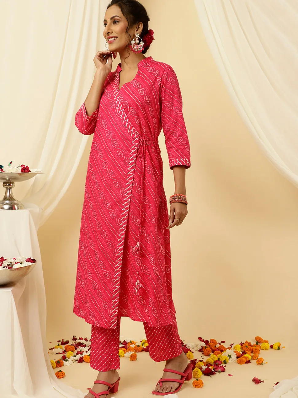 Jaipur Kurti Pink Bandhani Angrakha Kurta With Leheriya Pants And Dupatta