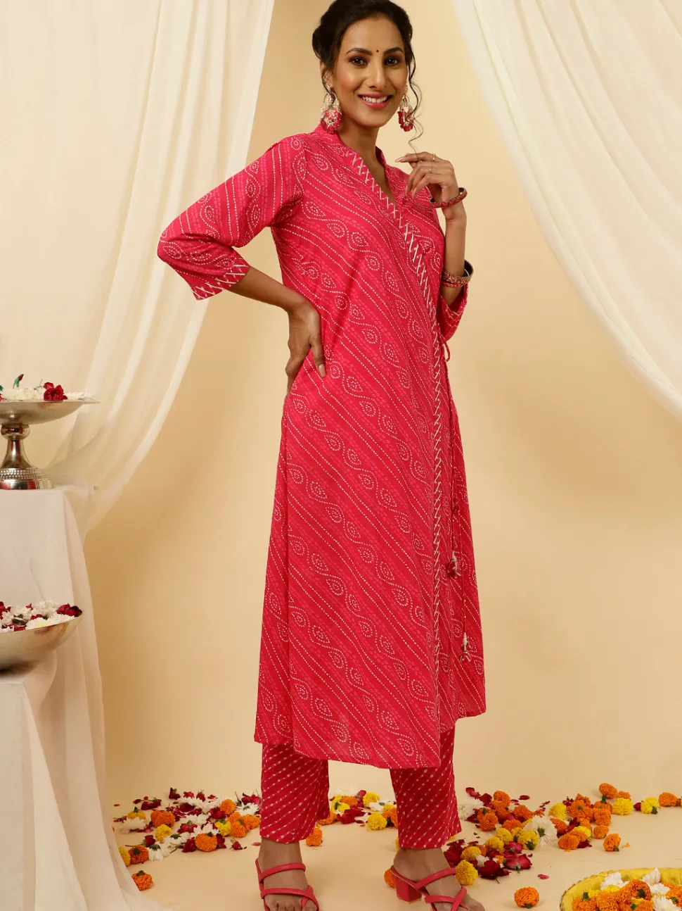 Jaipur Kurti Pink Bandhani Angrakha Kurta With Leheriya Pants And Dupatta