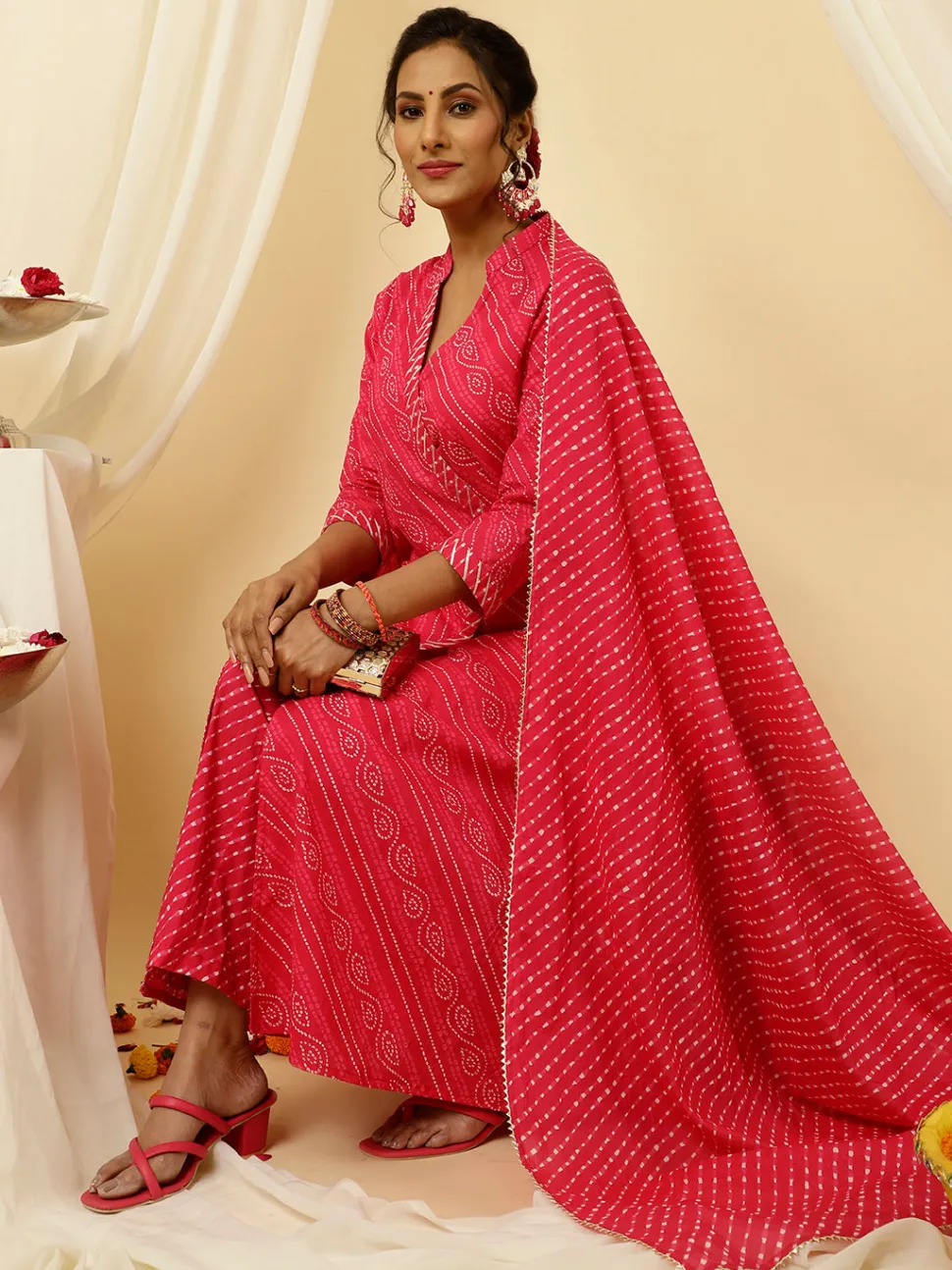 Jaipur Kurti Pink Bandhani Angrakha Kurta With Leheriya Pants And Dupatta