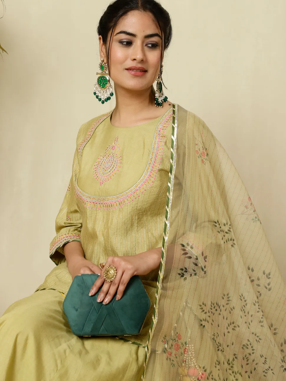 Jaipur Kurti Chanderi Kantha Embroidered Short Kurta With Skirt And Dupatta