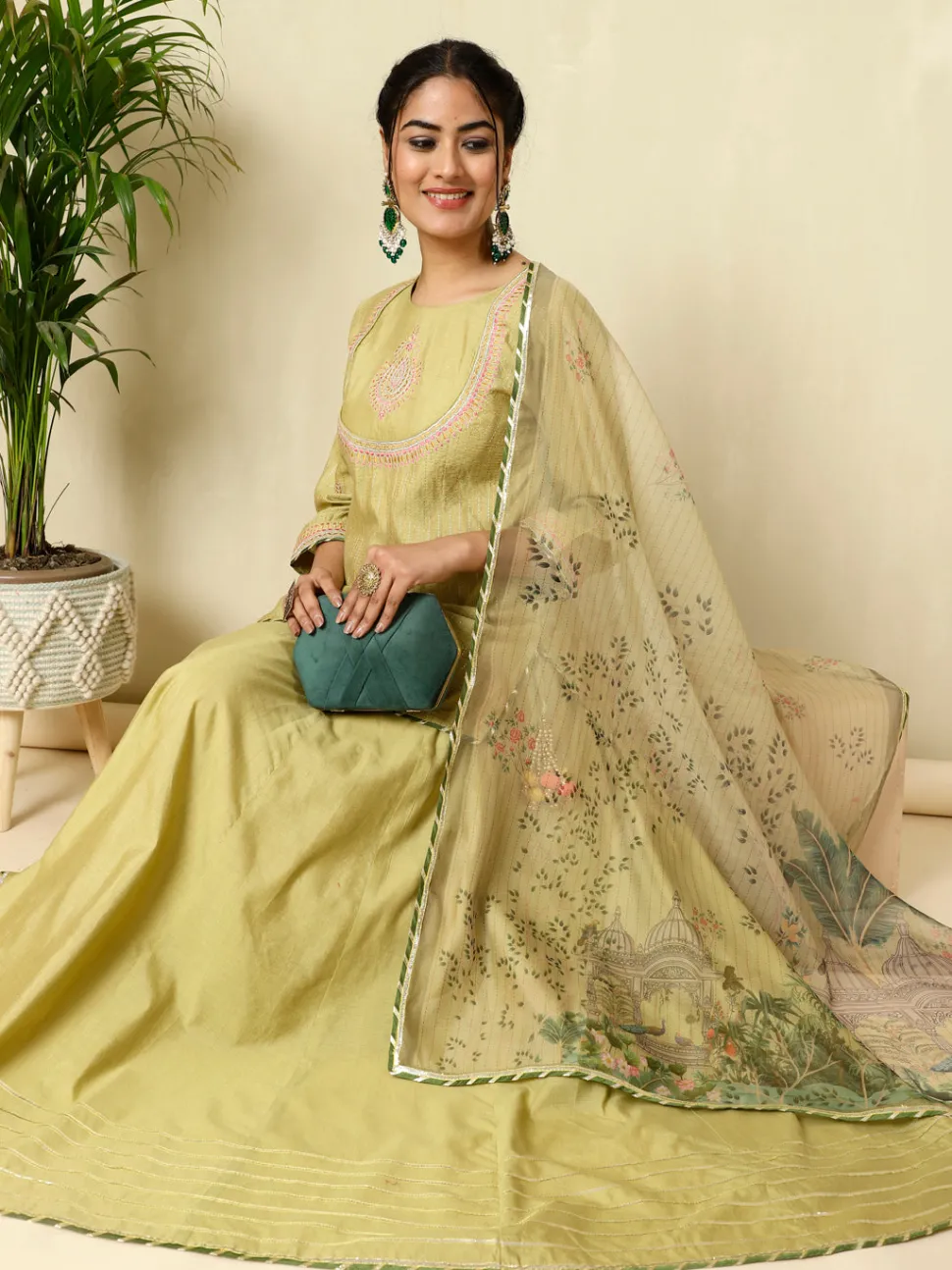 Jaipur Kurti Chanderi Kantha Embroidered Short Kurta With Skirt And Dupatta