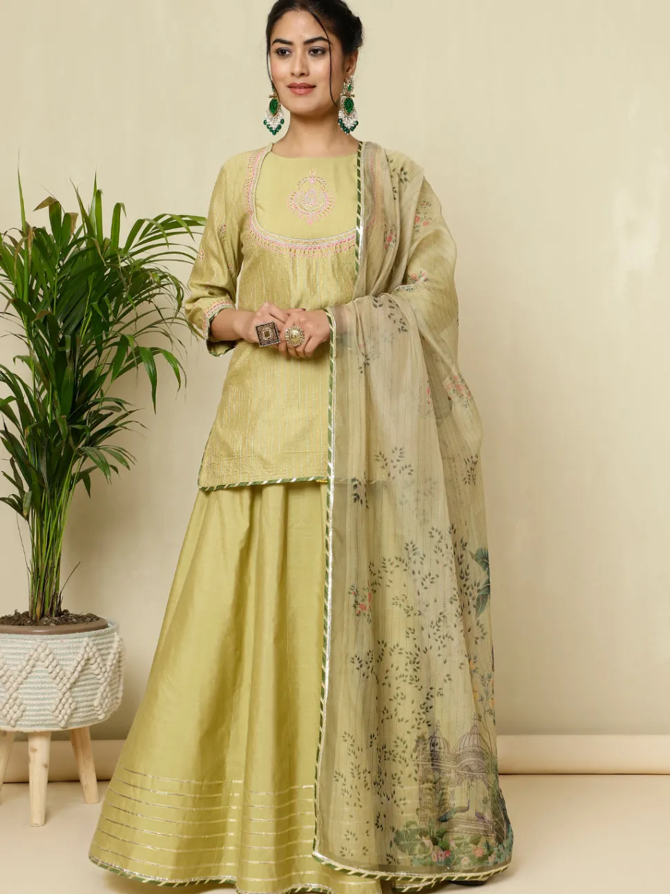 Jaipur Kurti Chanderi Kantha Embroidered Short Kurta With Skirt And Dupatta