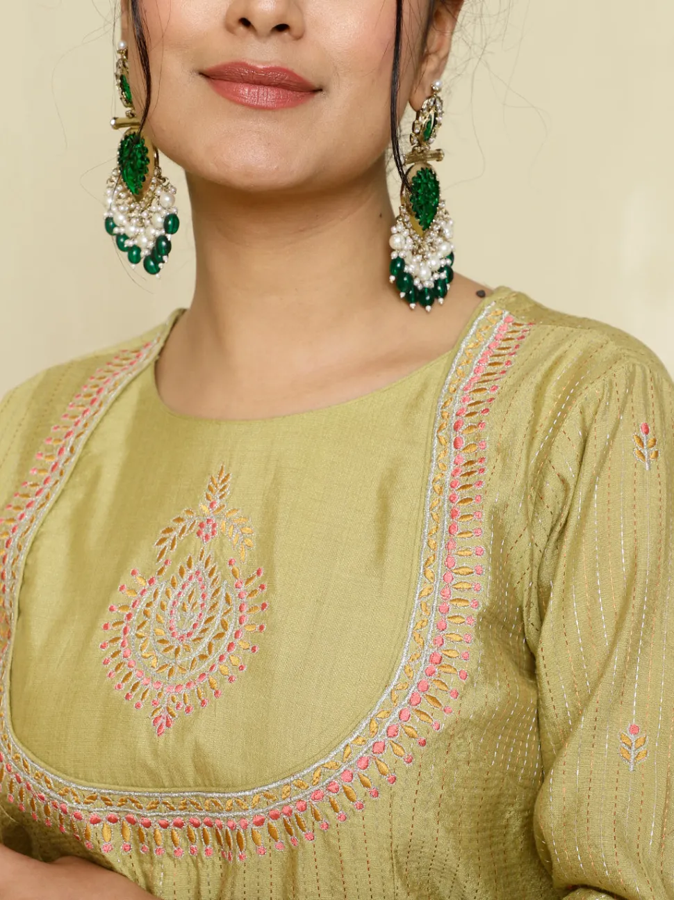 Jaipur Kurti Chanderi Kantha Embroidered Short Kurta With Skirt And Dupatta