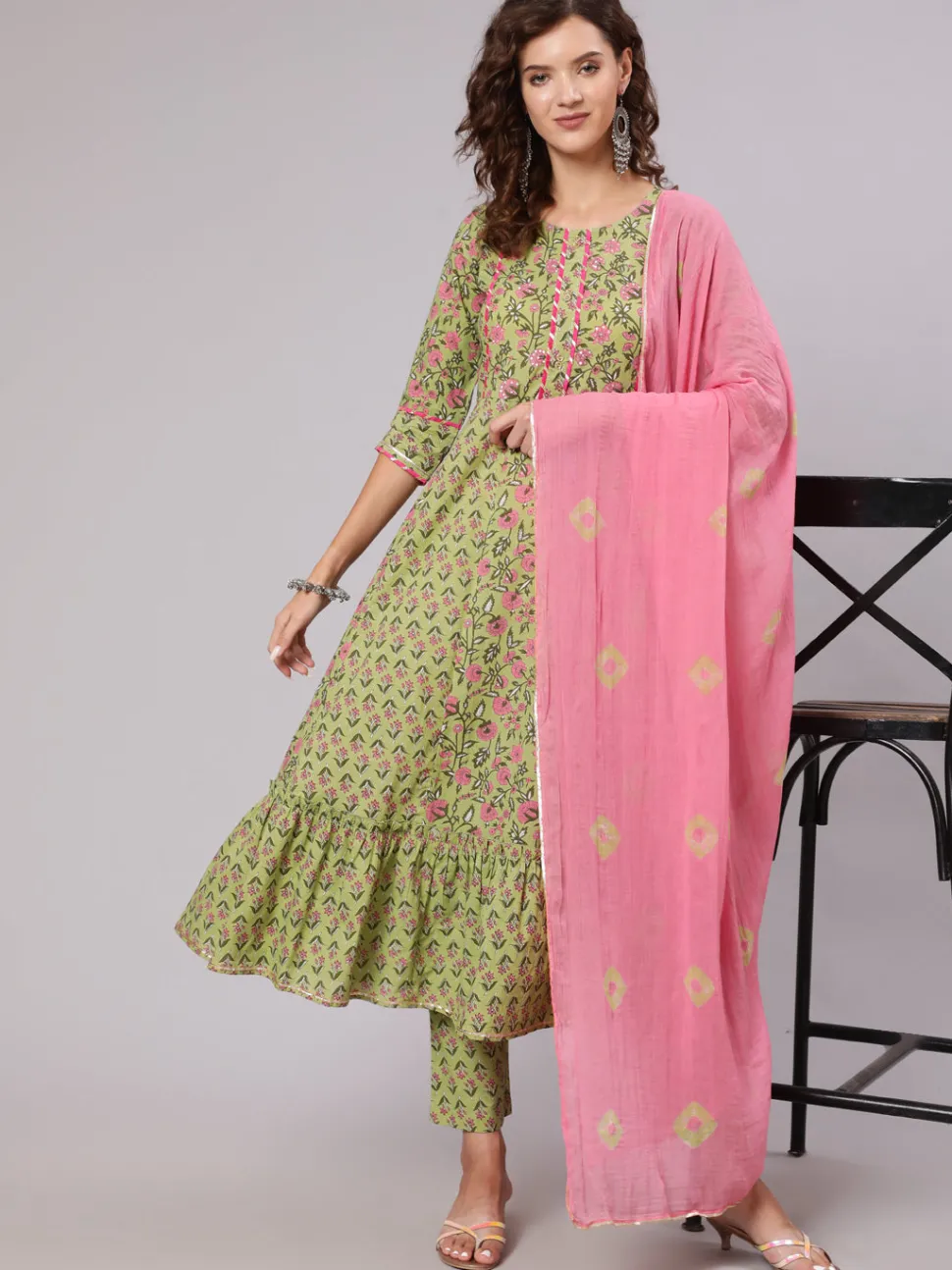 Jaipur Kurti Green Ethnic Printed Gota Embellished Anarkali Suit With Pants And Tie And Dye Dupatta