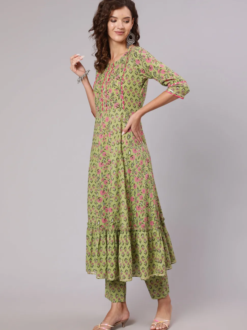 Jaipur Kurti Green Ethnic Printed Gota Embellished Anarkali Suit With Pants And Tie And Dye Dupatta
