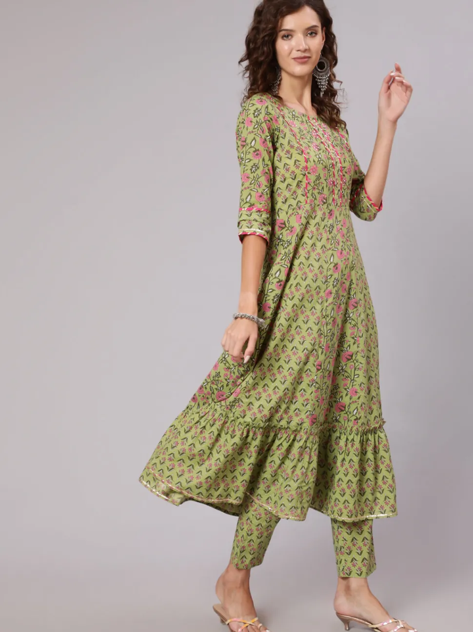 Jaipur Kurti Green Ethnic Printed Gota Embellished Anarkali Suit With Pants And Tie And Dye Dupatta