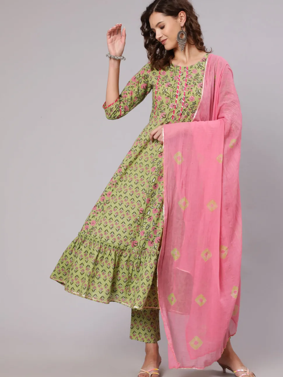 Jaipur Kurti Green Ethnic Printed Gota Embellished Anarkali Suit With Pants And Tie And Dye Dupatta