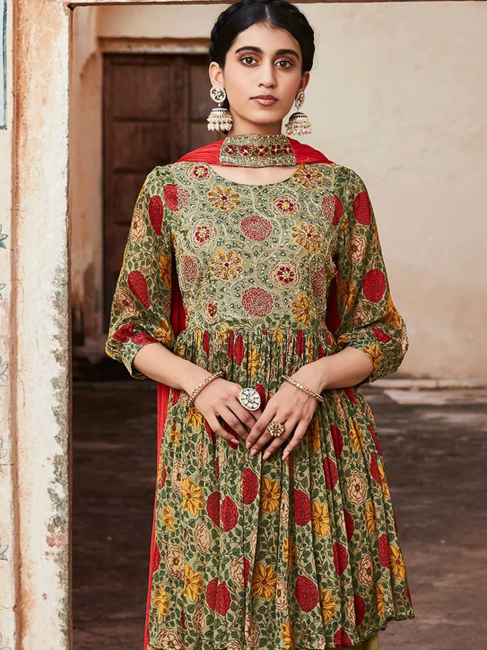 Jaipur Kurti Floral Printed Short Kurta With Sharara And Pleated Dupatta
