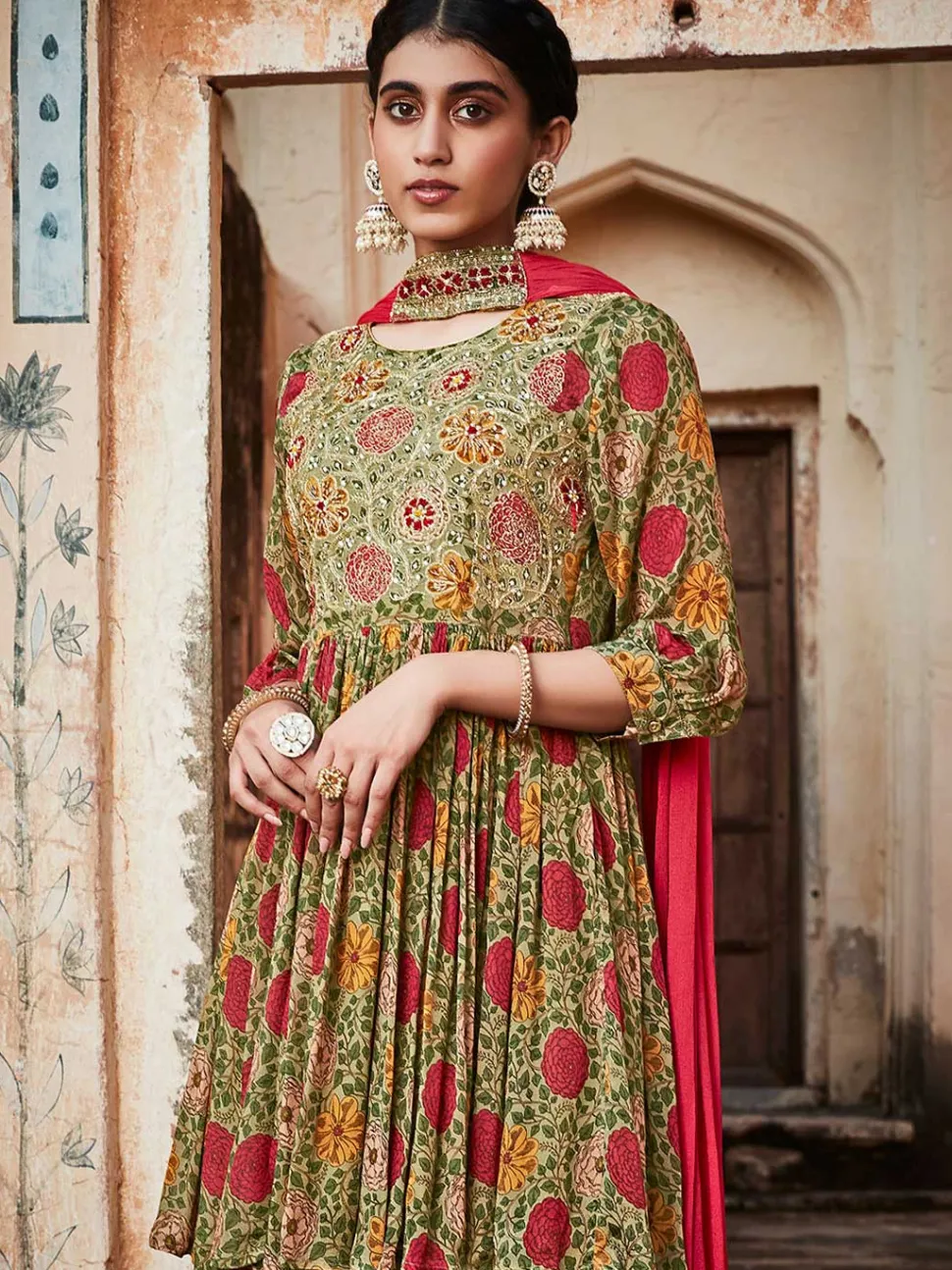 Jaipur Kurti Floral Printed Short Kurta With Sharara And Pleated Dupatta