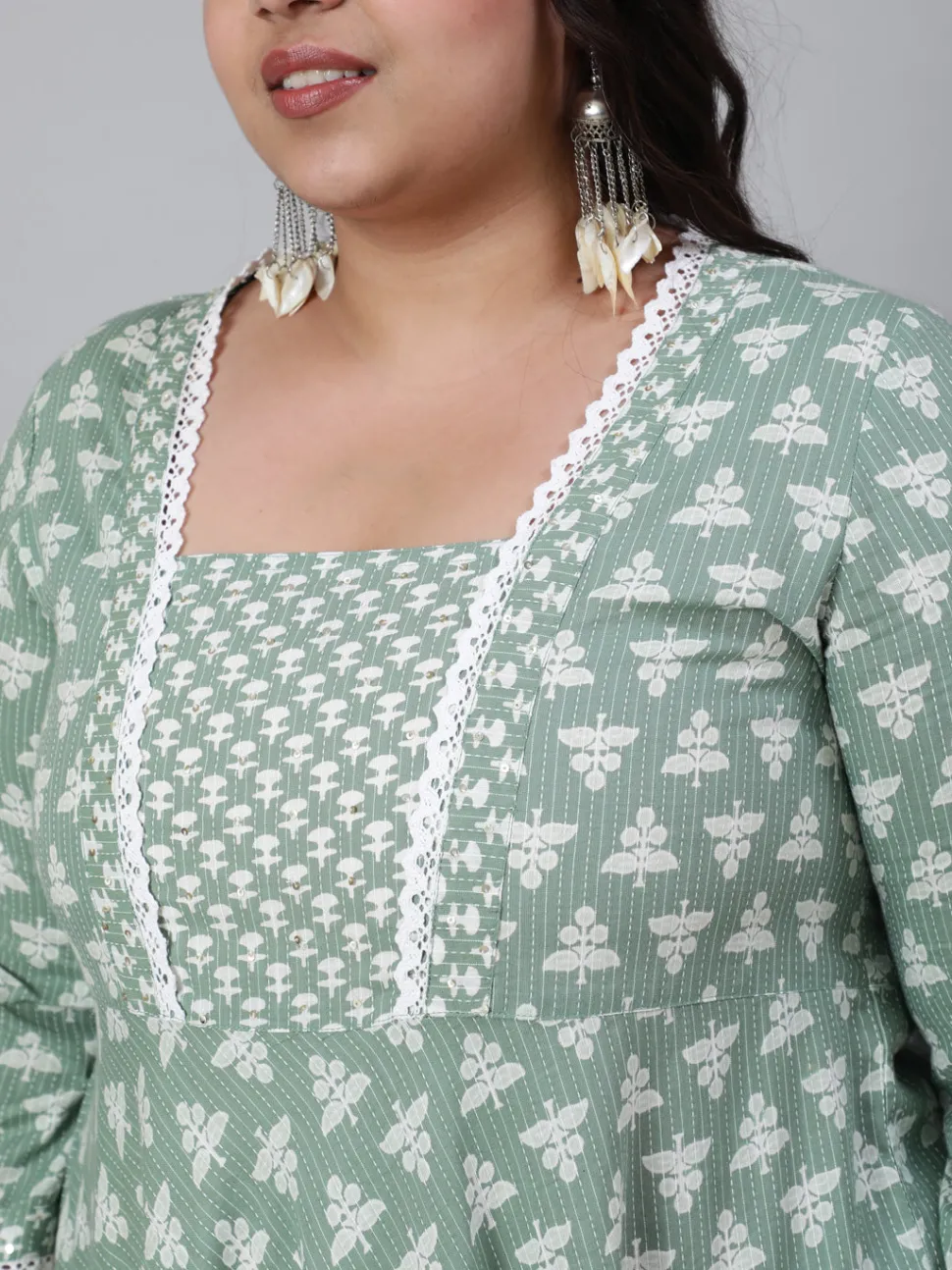 Jaipur Kurti Plus Size Woven Ethnic Print Embroidered Flared Laced Kurta With Printed Palazzo