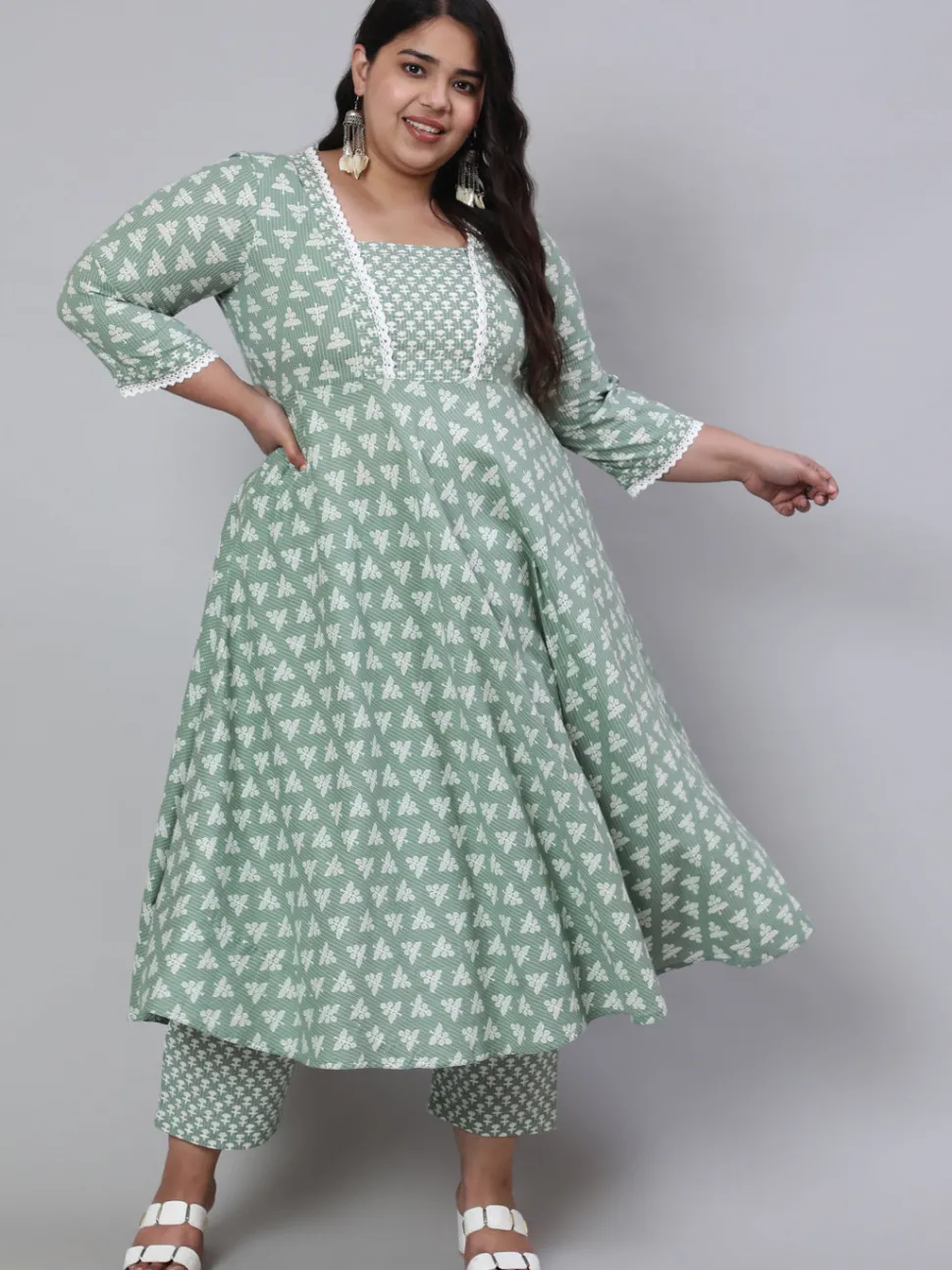 Jaipur Kurti Plus Size Woven Ethnic Print Embroidered Flared Laced Kurta With Printed Palazzo