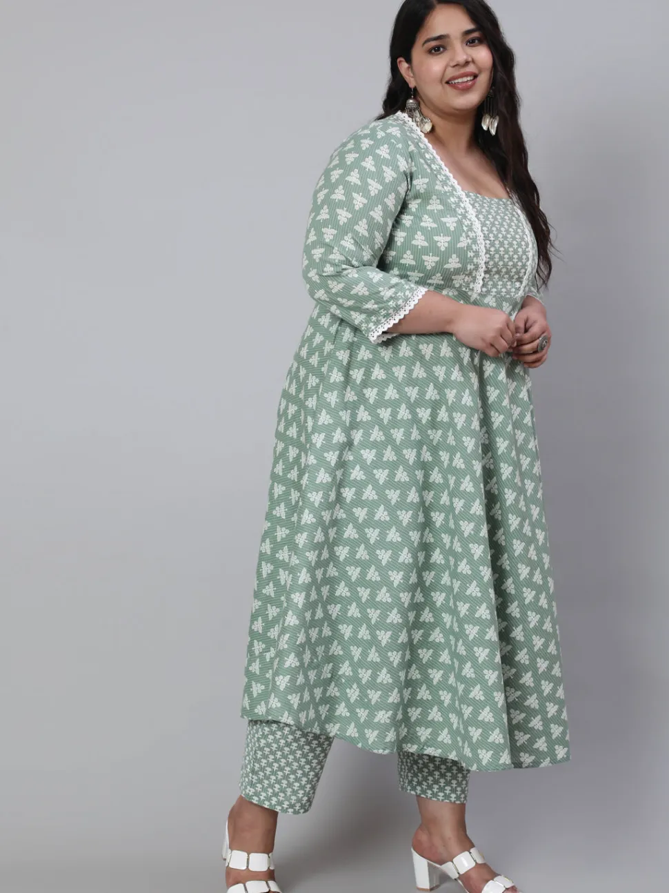 Jaipur Kurti Plus Size Woven Ethnic Print Embroidered Flared Laced Kurta With Printed Palazzo