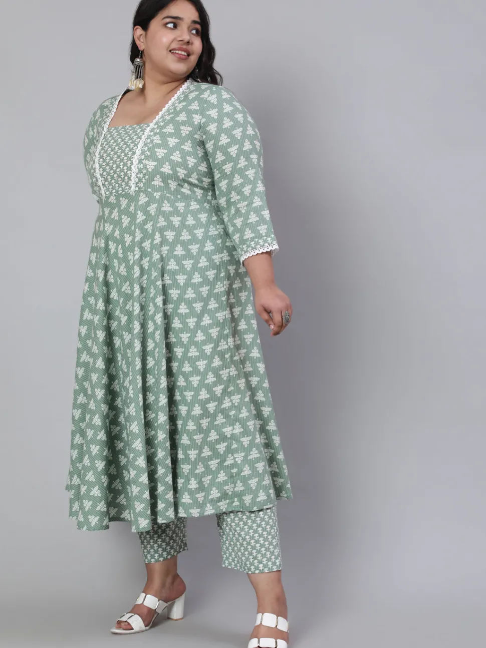 Jaipur Kurti Plus Size Woven Ethnic Print Embroidered Flared Laced Kurta With Printed Palazzo