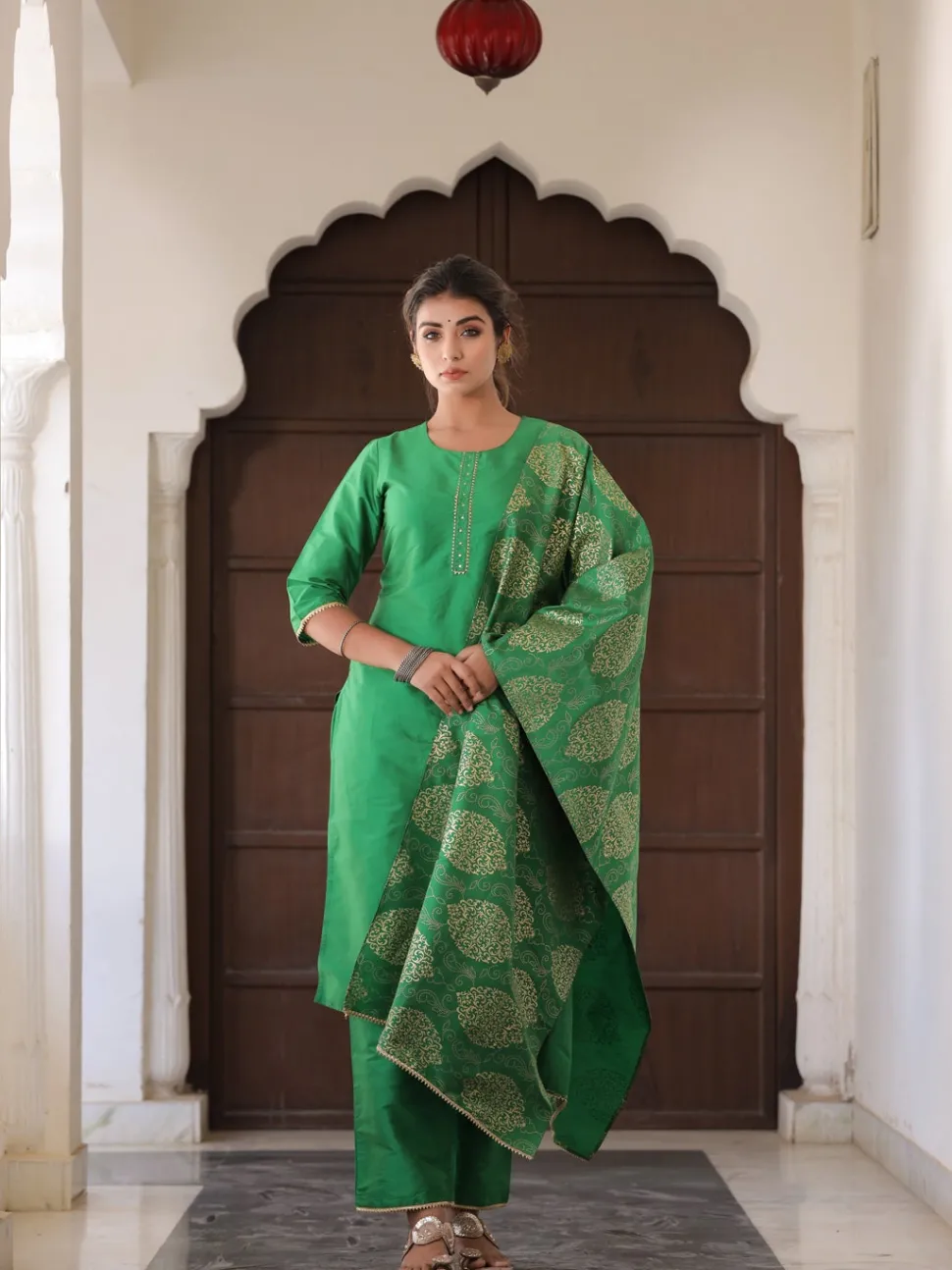 Jaipur Kurti Green Solid Straight Kurta with Gotta work on Palazzo & Printed Dupatta