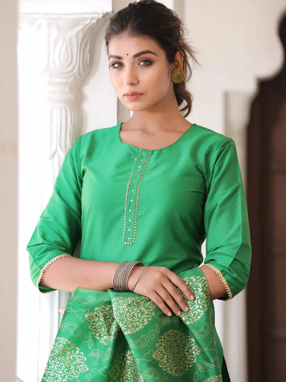 Jaipur Kurti Green Solid Straight Kurta with Gotta work on Palazzo & Printed Dupatta