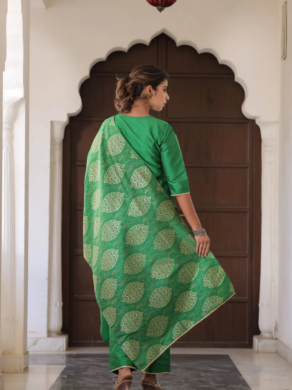 Jaipur Kurti Green Solid Straight Kurta with Gotta work on Palazzo & Printed Dupatta