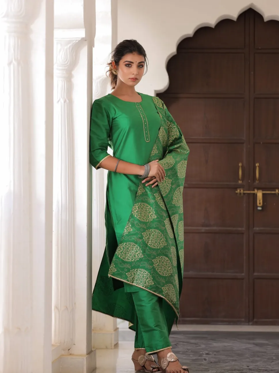 Jaipur Kurti Green Solid Straight Kurta with Gotta work on Palazzo & Printed Dupatta