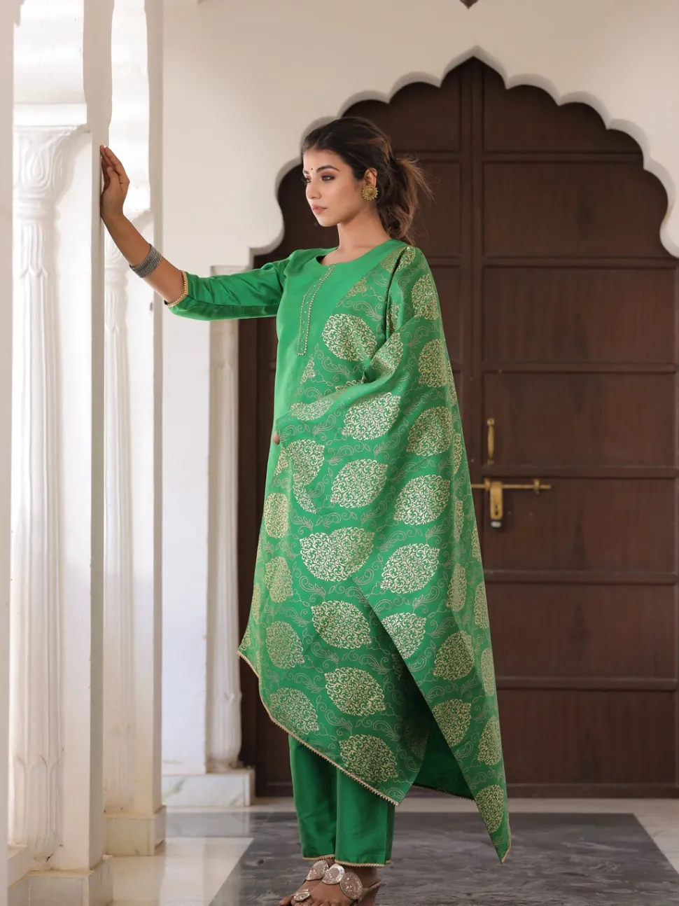 Jaipur Kurti Green Solid Straight Kurta with Gotta work on Palazzo & Printed Dupatta