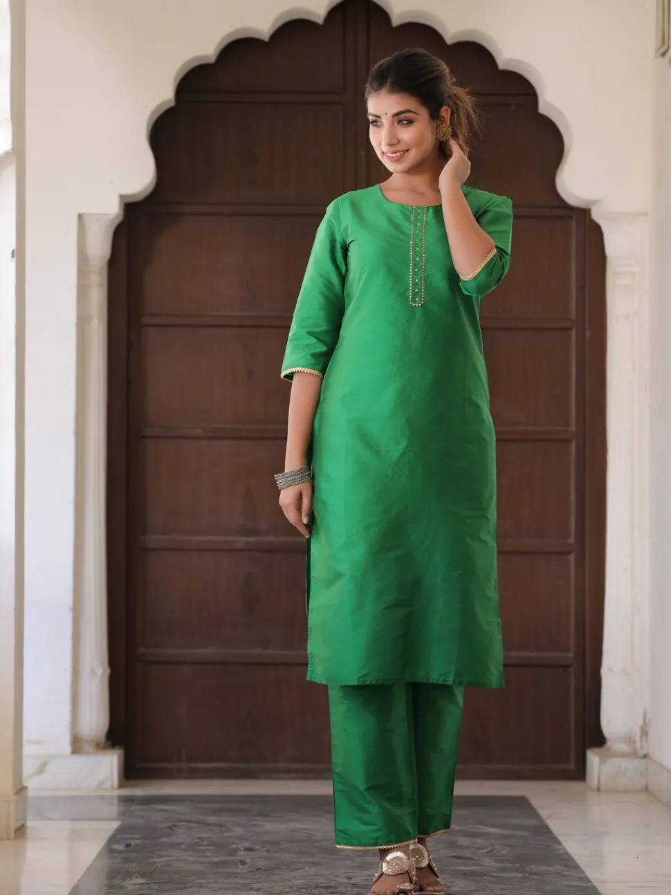 Jaipur Kurti Green Solid Straight Kurta with Gotta work on Palazzo & Printed Dupatta