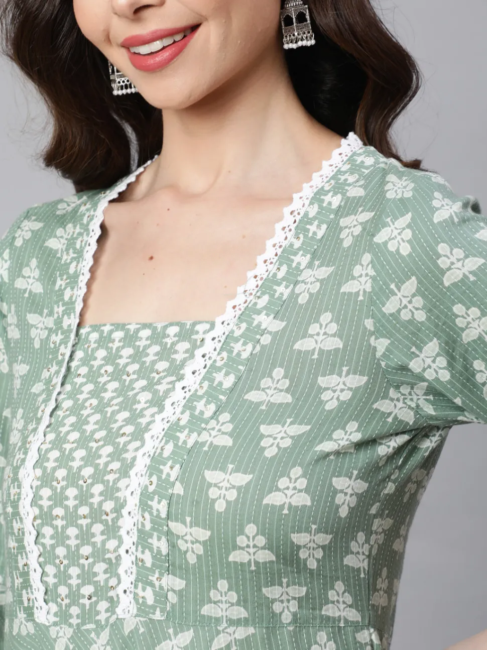 Jaipur Kurti Woven Ethnic Print Embroidered Flared Laced Kurta With Printed Palazzo