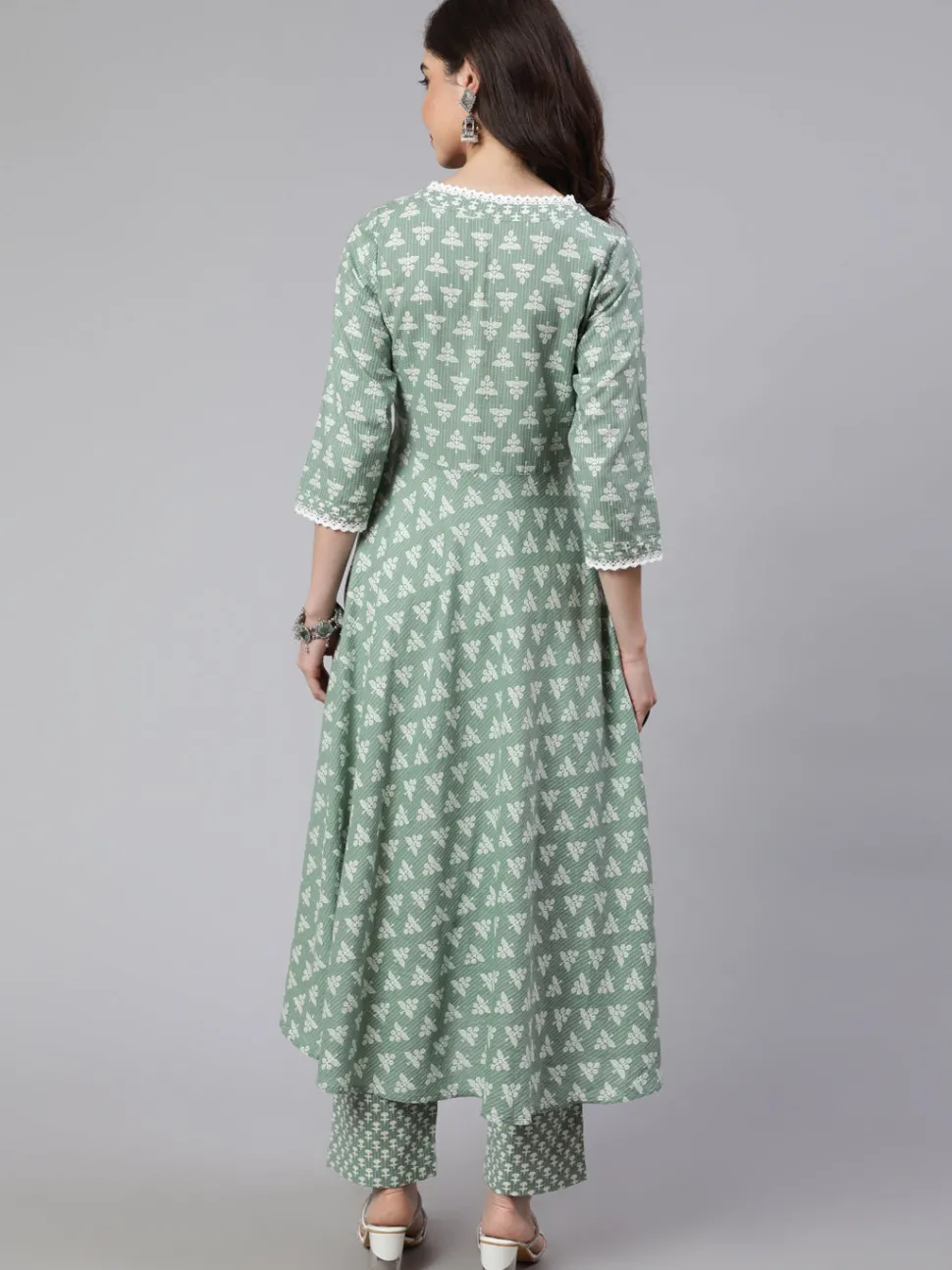 Jaipur Kurti Woven Ethnic Print Embroidered Flared Laced Kurta With Printed Palazzo