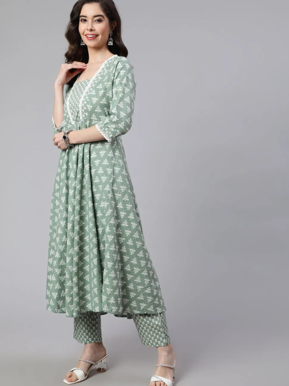 Jaipur Kurti Woven Ethnic Print Embroidered Flared Laced Kurta With Printed Palazzo