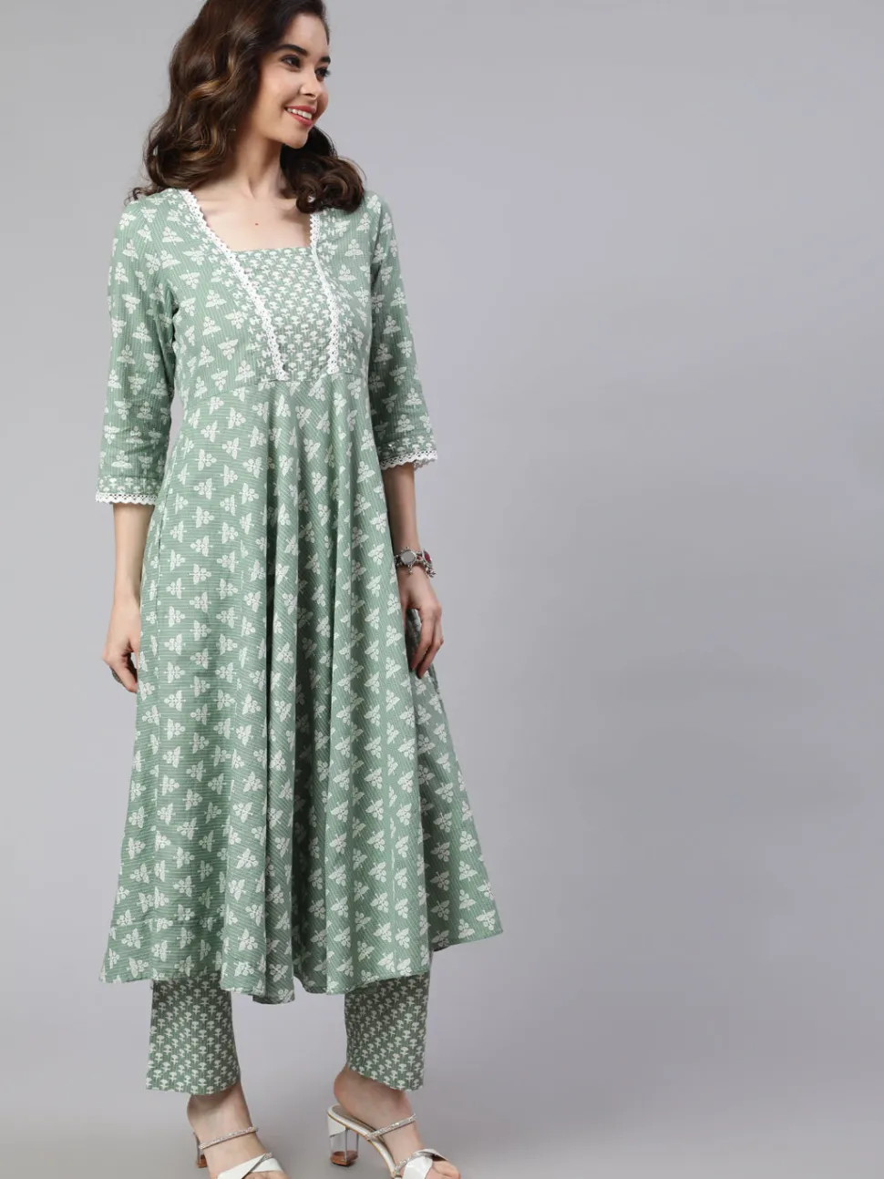 Jaipur Kurti Woven Ethnic Print Embroidered Flared Laced Kurta With Printed Palazzo