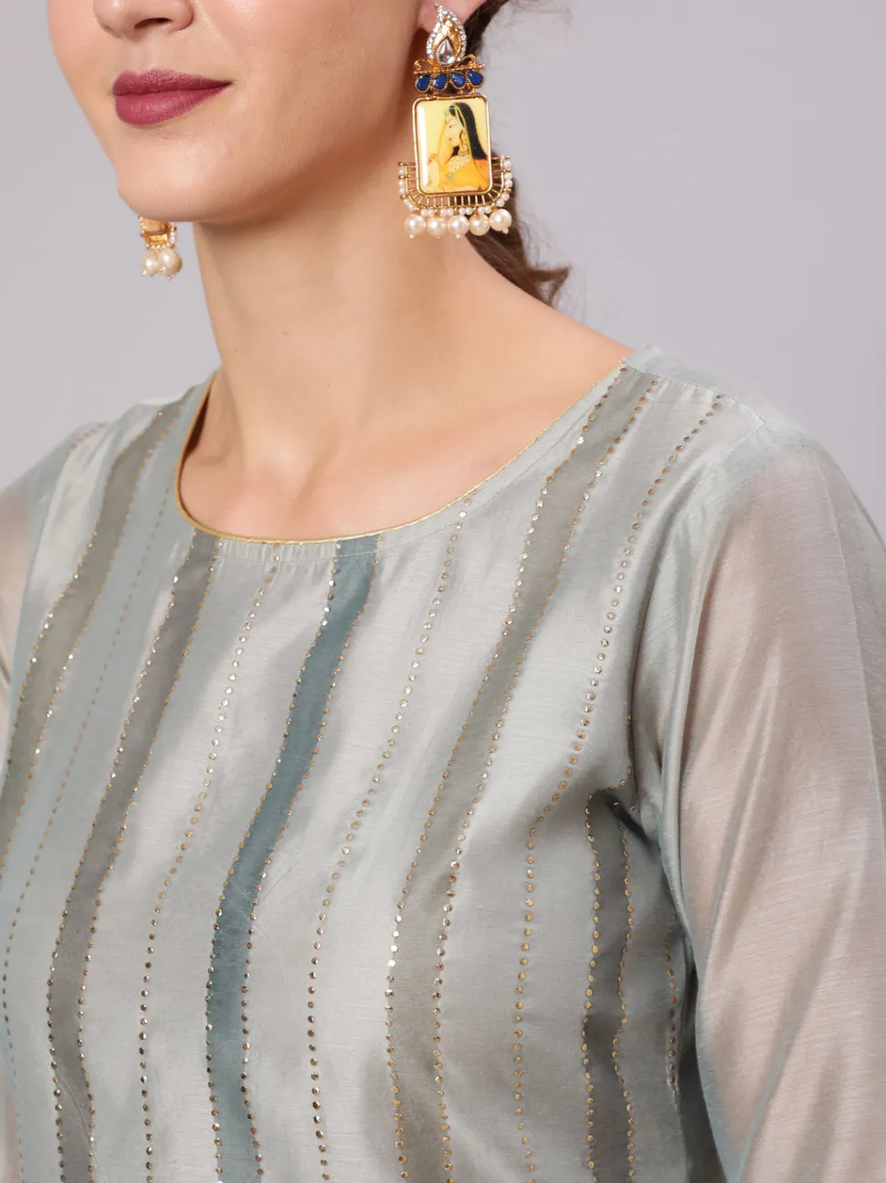Jaipur Kurti Grey Chanderi Printed Kurta With Solid Chanderi Pant And Tie & Dye Dupatta With Lace