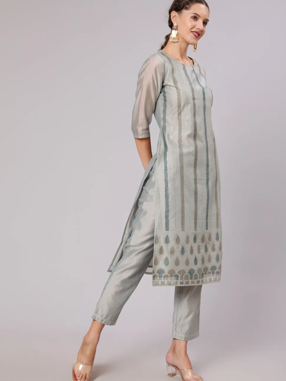 Jaipur Kurti Grey Chanderi Printed Kurta With Solid Chanderi Pant And Tie & Dye Dupatta With Lace