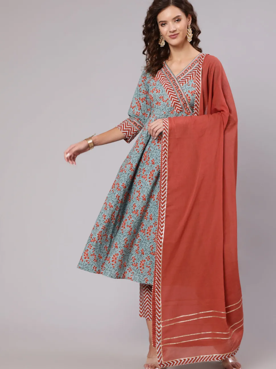 Jaipur Kurti Cotton Printed Embellished Anarkali Kurta With Pants And Dupatta