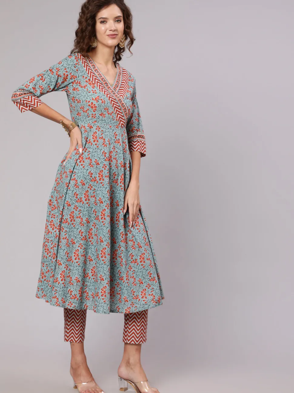 Jaipur Kurti Cotton Printed Embellished Anarkali Kurta With Pants And Dupatta