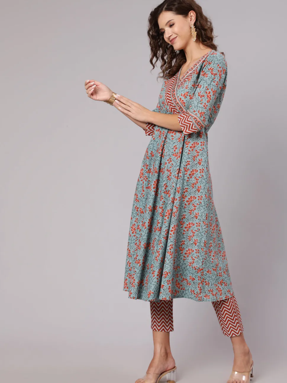 Jaipur Kurti Cotton Printed Embellished Anarkali Kurta With Pants And Dupatta