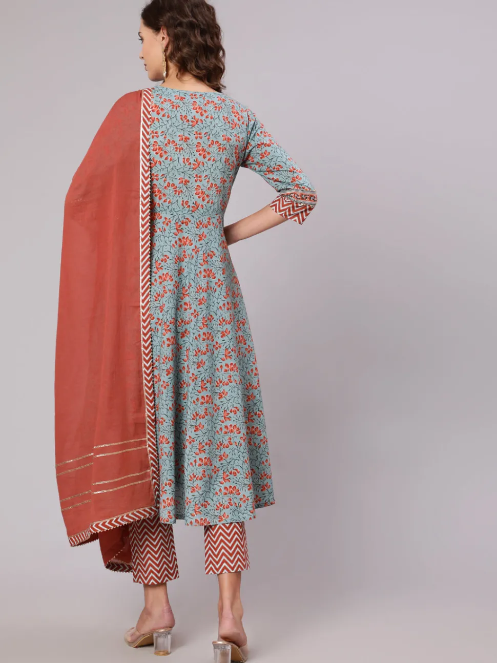 Jaipur Kurti Cotton Printed Embellished Anarkali Kurta With Pants And Dupatta