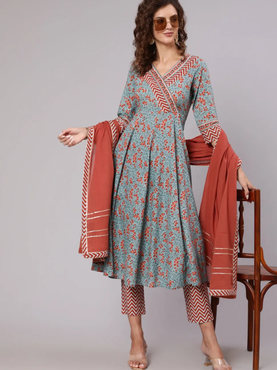 Jaipur Kurti Cotton Printed Embellished Anarkali Kurta With Pants And Dupatta