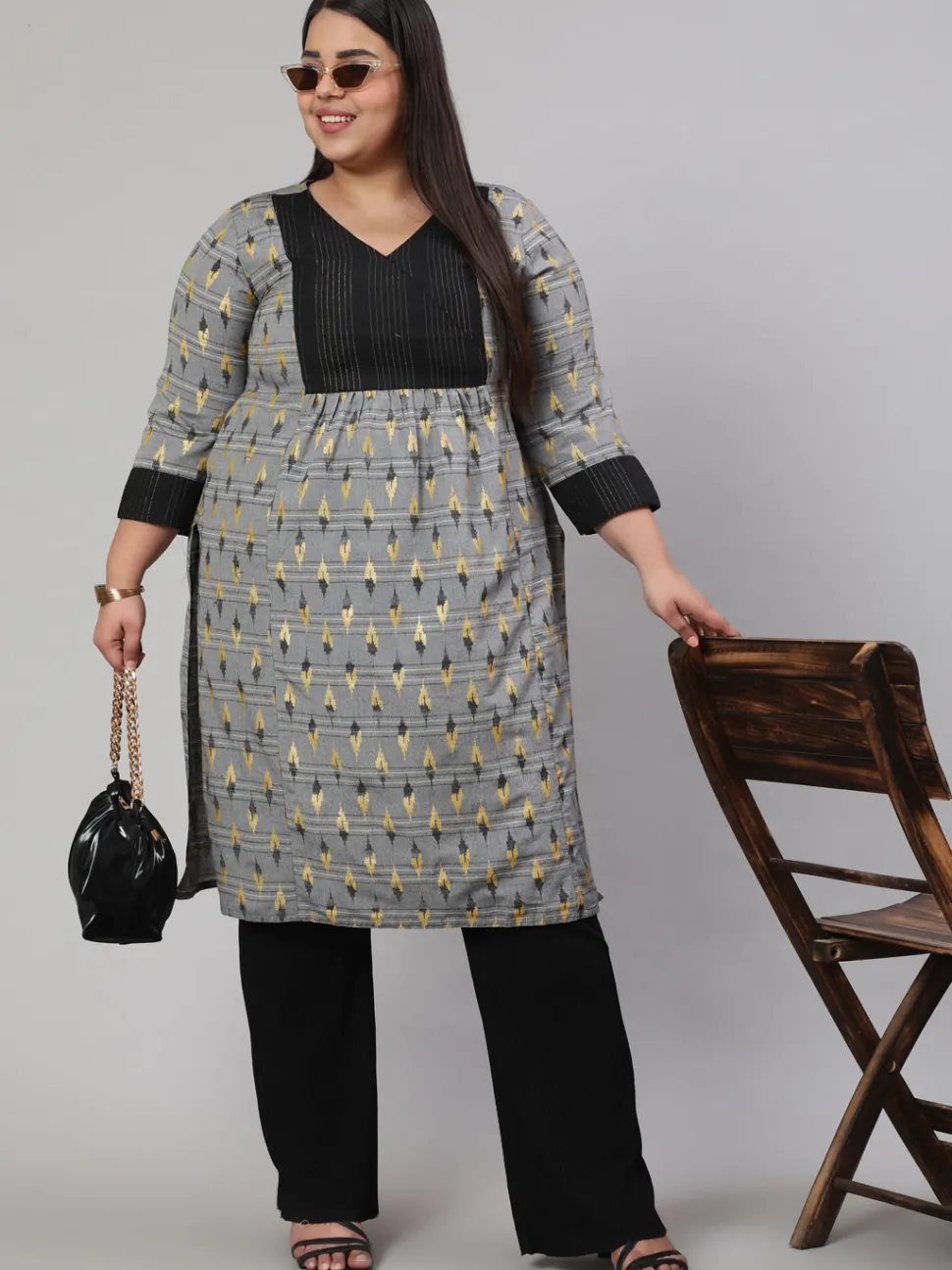 Jaipur Kurti Plus Size Self-Weaved Ikat Printed Straight Kurta