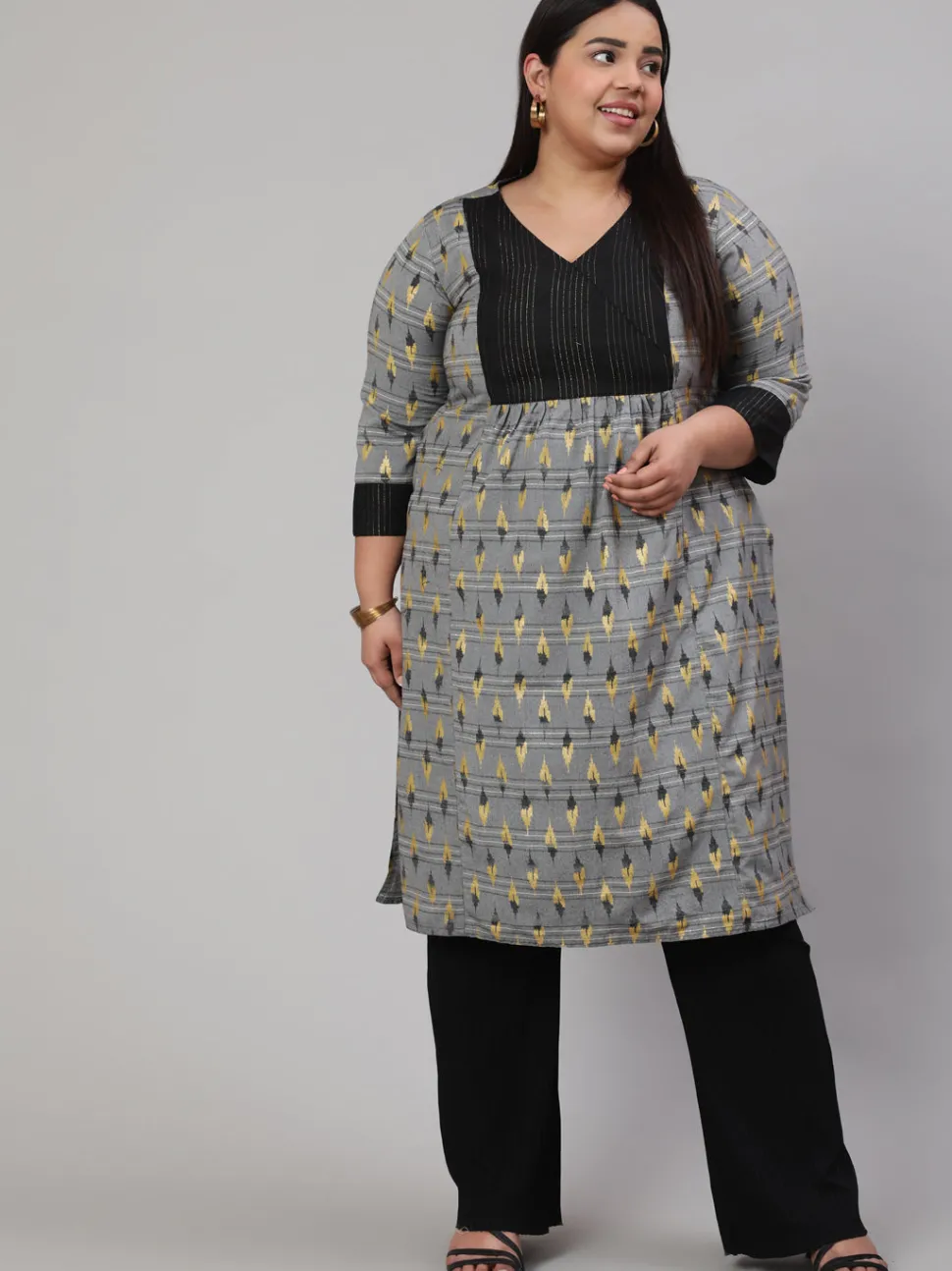 Jaipur Kurti Plus Size Self-Weaved Ikat Printed Straight Kurta