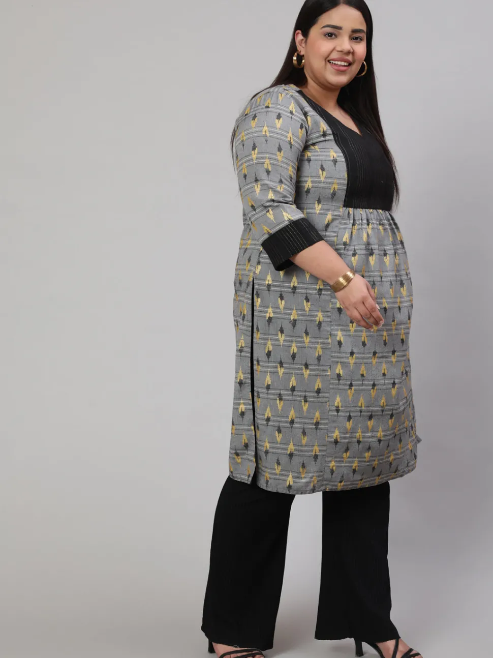 Jaipur Kurti Plus Size Self-Weaved Ikat Printed Straight Kurta