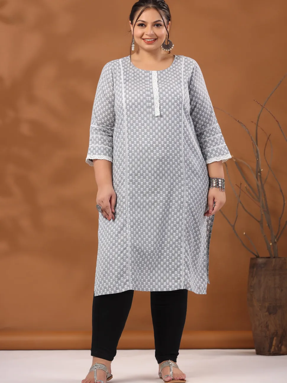 Jaipur Kurti Plus Size Woven Kantha Printed Laced Straight Kurta