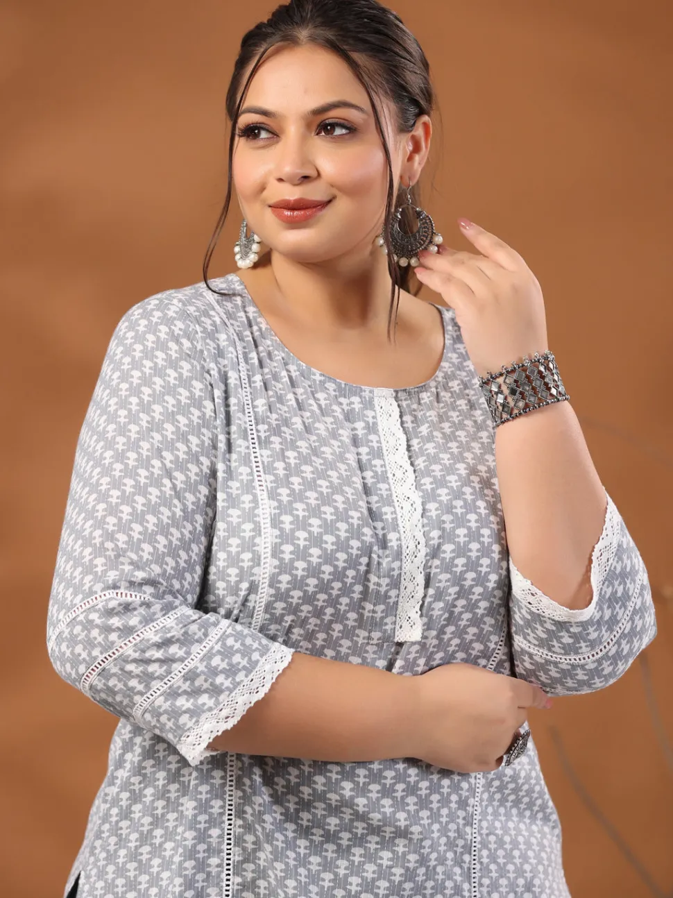 Jaipur Kurti Plus Size Woven Kantha Printed Laced Straight Kurta