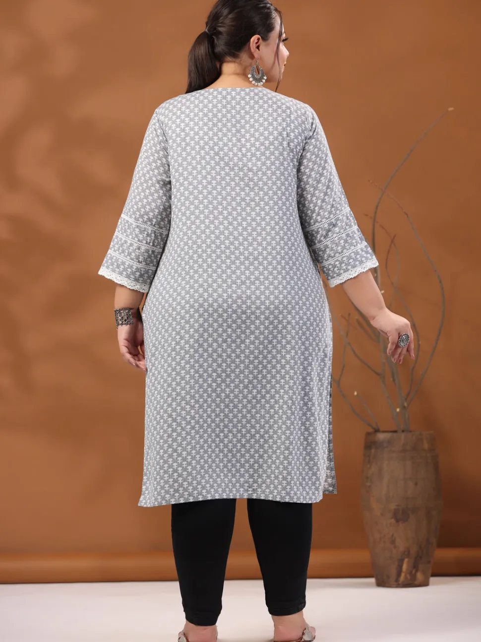 Jaipur Kurti Plus Size Woven Kantha Printed Laced Straight Kurta