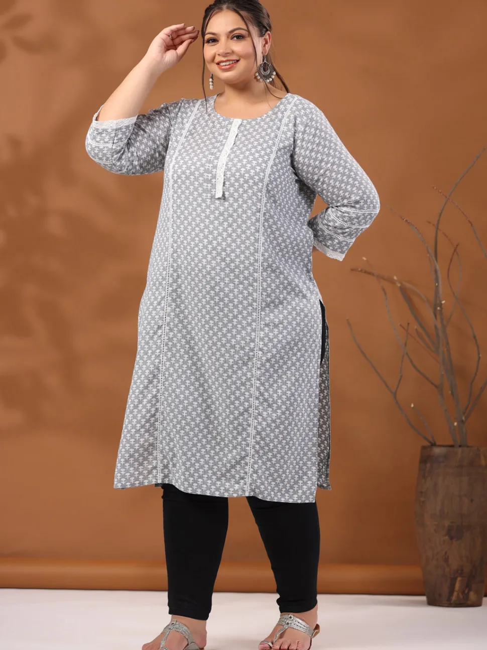 Jaipur Kurti Plus Size Woven Kantha Printed Laced Straight Kurta