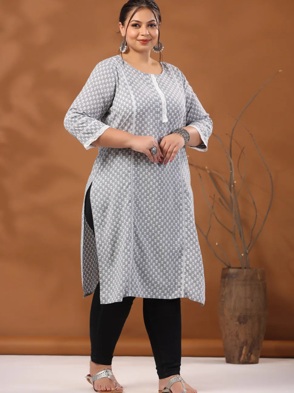 Jaipur Kurti Plus Size Woven Kantha Printed Laced Straight Kurta