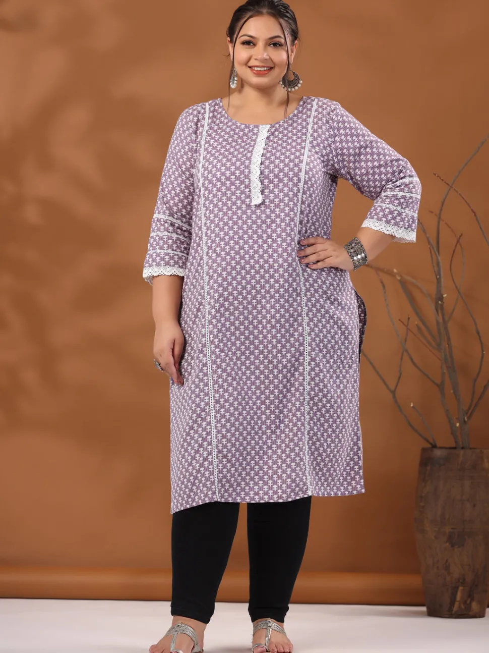 Jaipur Kurti Plus SizeWoven Kantha Printed Laced Straight Kurta