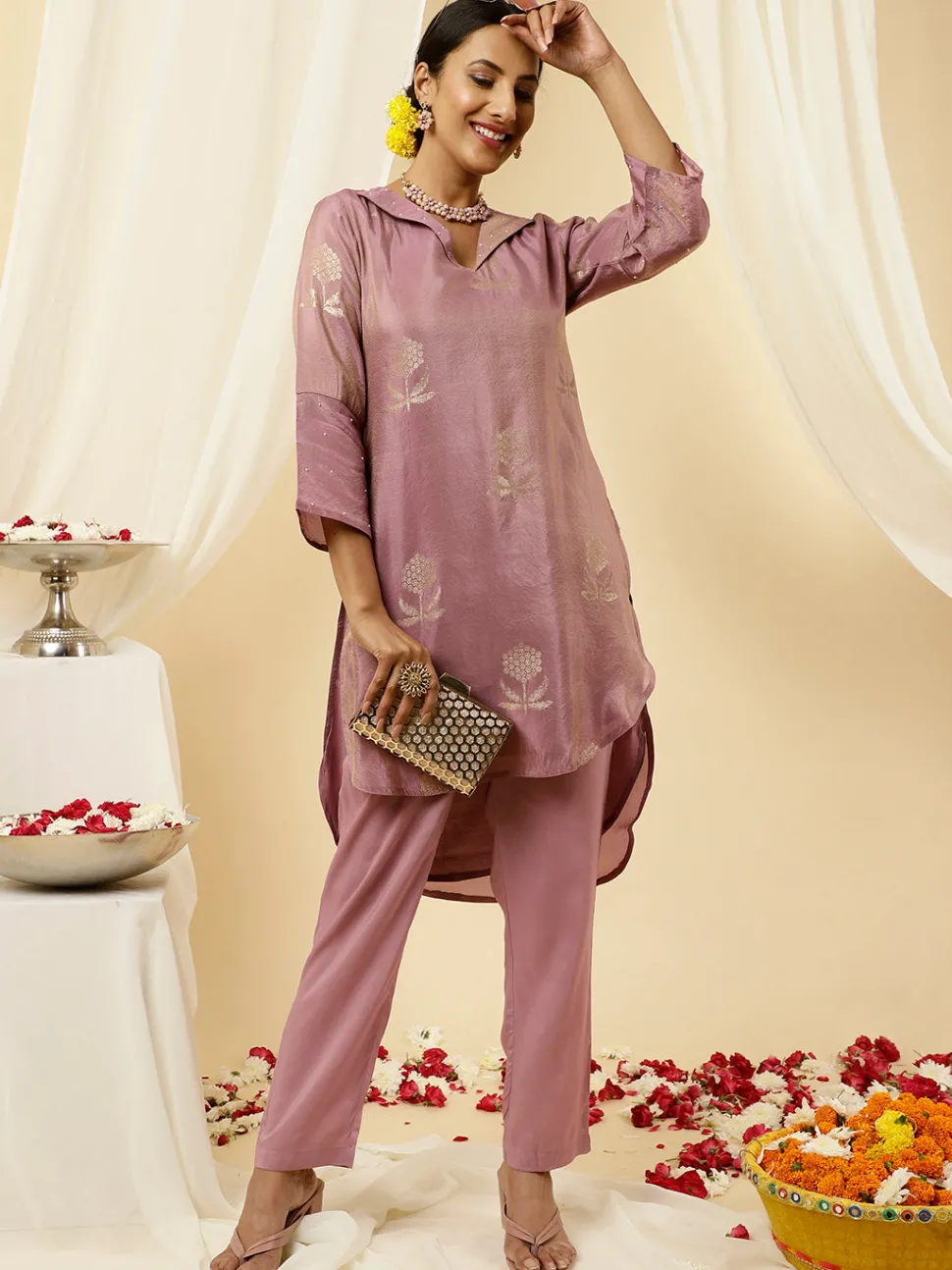 Jaipur Kurti Pure Jacquard Silk Beadwork Kurta With Pants Co-ord Set