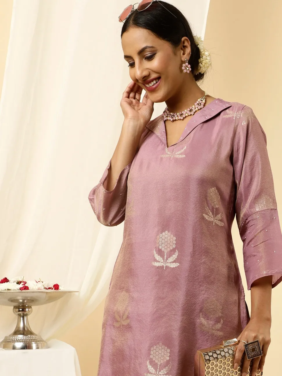Jaipur Kurti Pure Jacquard Silk Beadwork Kurta With Pants Co-ord Set