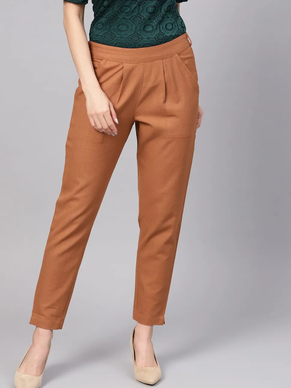 Jaipur Kurti Light Brown Solid Cotton Slub Straight Pants